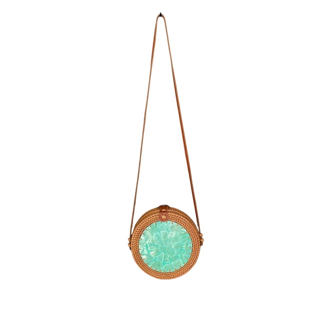 Handmade Boho Tan Wicker Rattan Crossbody Bag Circular Design Turquoise
